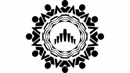 Fototapeta premium Circular design with stylized figures around the edge and a cityscape in the center in black and white silhouette