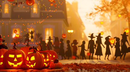Autumn Halloween celebration with kids trick or treating and carved pumpkins