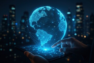 Person touching glowing blue digital earth hologram on tablet computer with city skyline at night blue globe