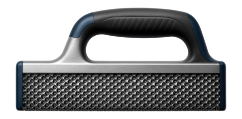 Rectangular drywall rasp with a coarse-grit metal surface for smoothing edges on construction sites.