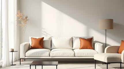 Serene modern living room with plush white sofa, terracotta accents, and sunlit ambiance
