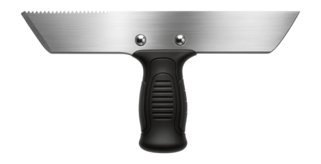 Dual-edge drywall knife with both serrated and straight edges for versatile use on a building site.