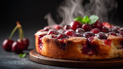 Fresh baked hot cherry pie or cake with berry