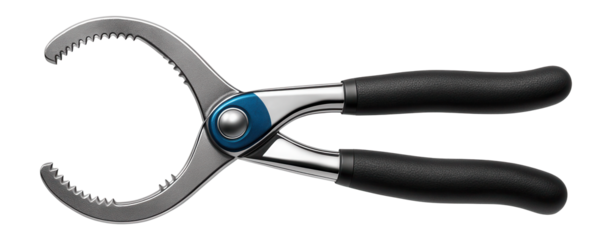 Pliers-style oil filter wrench with serrated jaws for a secure hold in a car service station.