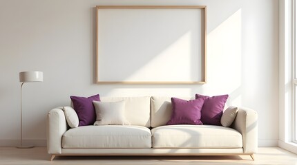 Cozy modern living room scene with plush couch, accent pillows, and natural light streaming in.