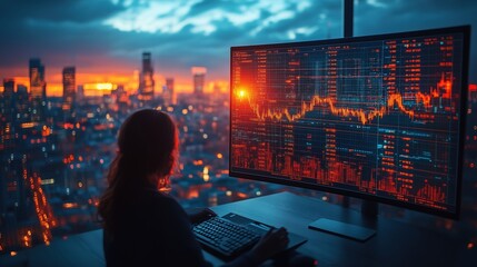 A person from behind viewing a large monitor displaying financial charts and data with a dramatic red glow, overlooking a vibrant city skyline at sunset.