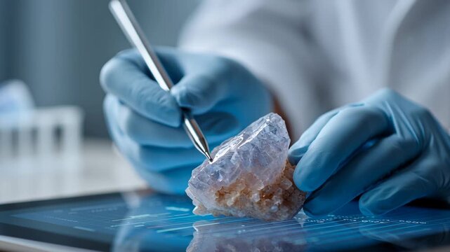 Focused scientist in laboratory conducting geology and chemistry research, meticulous study of rare mineral for its valuable earth elements and potential discovery