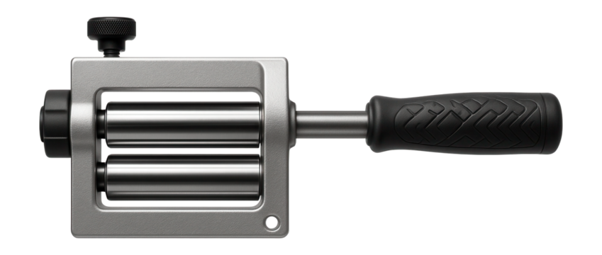 Hand-operated bead roller with adjustable depth stop for metal sheet shaping in a workshop.
