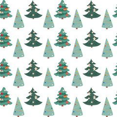 A festive seamless pattern with various decorated Christmas trees on a white background. Winter holiday design for wrapping paper, fabric, greeting cards, and other seasonal projects.