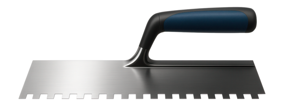 Notched trowel with a long handle for reaching extended areas during flooring installation.