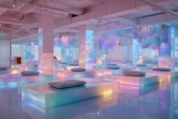 High-tech mindfulness workshop space with floating holographic plants, calm pastel colors, open minimal layout