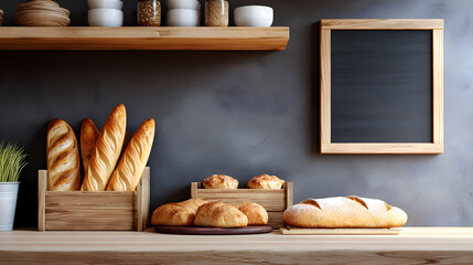 Freshly baked bread assortment displayed on wooden shelves, with rustic containers and a blank chalkboard for menu or decoration, creating a warm bakery atmosphere