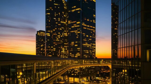 Modern skyscrapers at sunset with a skybridge connecting buildings