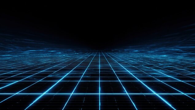 Futuristic digital grid extending into a dark void - Powered by Adobe