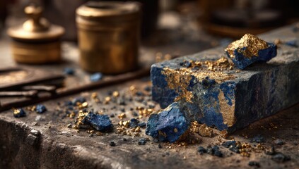 Aged workshop scene with blue and gold