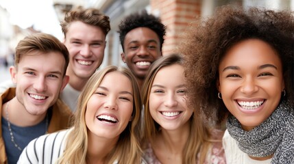Fototapeta premium Happy young adults enjoying a sunny day together while posing for a cheerful group picture in an urban setting