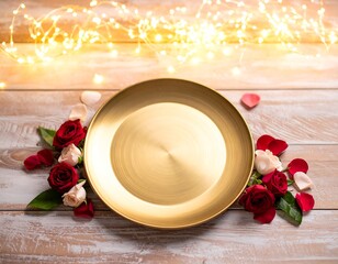 Golden plate surrounded by roses and hearts