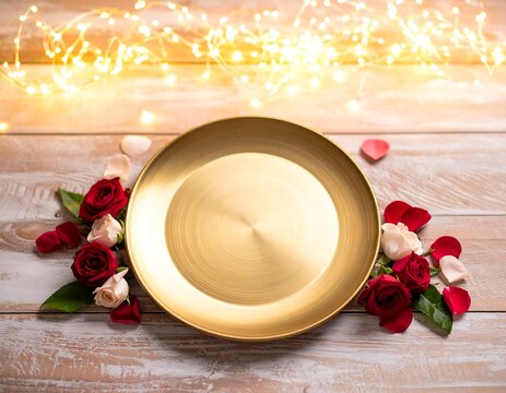 Golden plate surrounded by roses and hearts