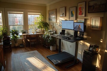 Home office setup with treadmill desk, soft natural lighting, peaceful atmosphere.