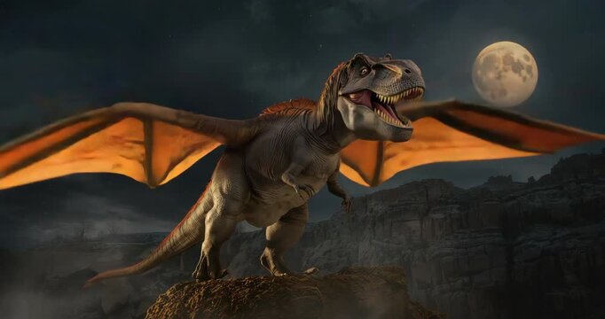 As full moon rising, winged creature spreading wings and roaring on rocky canyon clifftop with mist