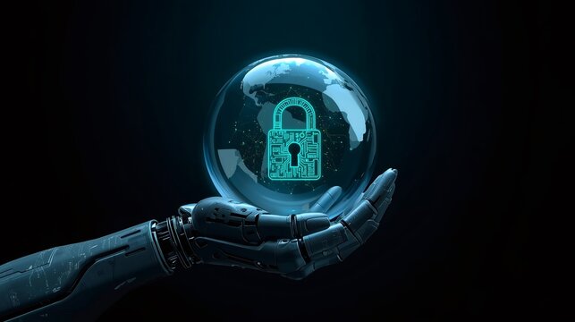 Robotic hand holding glowing earth with digital padlock protecting global network security - Powered by Adobe
