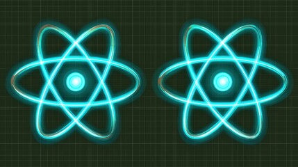 Neon Atomic Structure Illustration Showing Dual Atomic Models in Glowing Blue, Representing Scientific Concepts in Modern Design