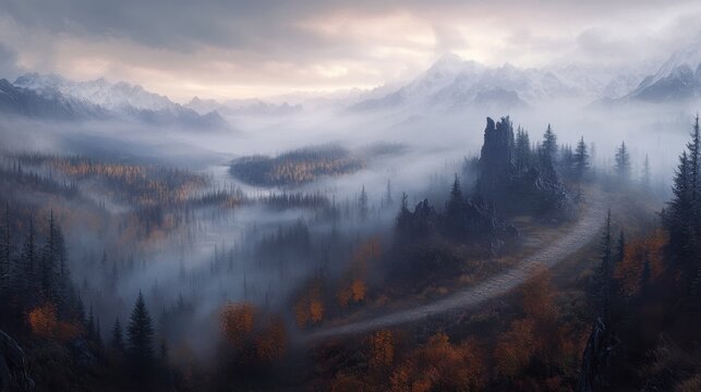 A misty mountain valley, bathed in soft light, reveals a winding path through a dense forest, surrounded by snow-capped peaks.