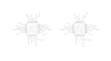 Two A I computer chips with circuit lines isolated on a transparent background artificial