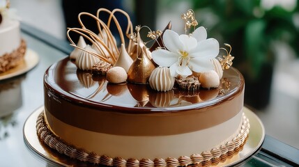 Fototapeta premium Elegant chocolate cake with decorative elements displayed in a bright setting at a bakery