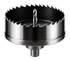 Hole saw with a bi-metal construction and pilot bit for making large diameter holes in wooden panels.