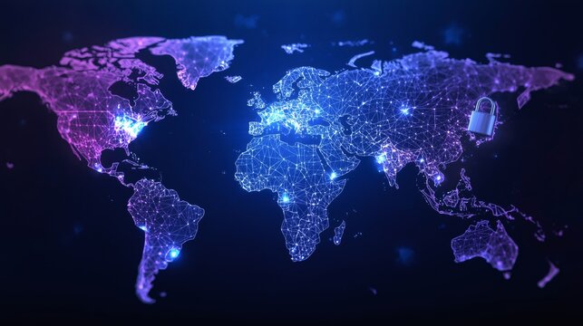 Global network security: padlock protecting world map connections