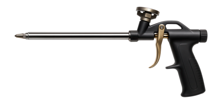 Long-barreled foam gun with a brass trigger mechanism for reaching tight spaces in insulation work.