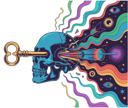 Surreal skull pierced by ornate key conceptual vector illustration unlock your mind