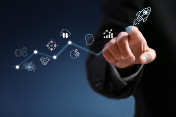 Businessman touch rocket launch investment growth, planning and starting corporate business start up aiming objective value development leadership and customer target group