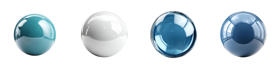 Glossy spheres in shades of teal, blue, and white, showcasing vibrant colors and smooth surfaces, ideal for modern design projects or decorative elements in various settings.