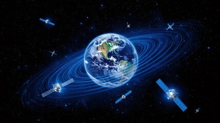 Satellites orbiting planet earth with visible north america and glowing rings