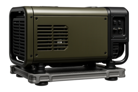Heavy-duty generator on a skid-mounted platform for military field operations.