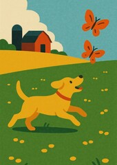 Fototapeta premium Joyful dog chasing butterflies outdoors.