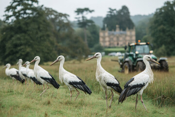 Fototapeta premium Storks Following Tractor During Haymaking on Wet Meadow in Countryside. AI generative.