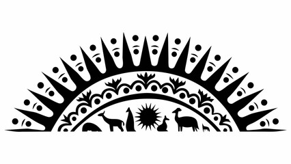 Decorative semicircle design with sunburst pattern and silhouette animals in black and white illustration
