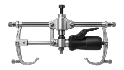 Hydraulic axle puller with a foot pump and extendable arms for a commercial vehicle repair bay.