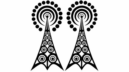 Two stylized communication towers with circular patterns and radiating circles on a white background silhouette