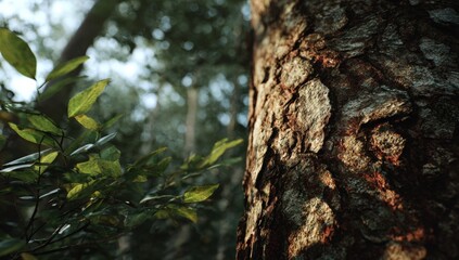 Obraz premium Close-up forest trunk and leaves