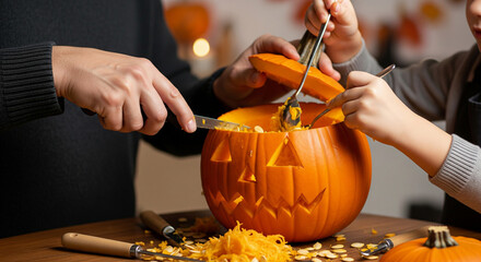 Parents and children carving pumpkins to make jack-o'-lanterns and preparing for Halloween