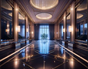 Elegant opulent hotel lobby hallway with mirrored walls and grand chandeliers creating a luxurious ambiance