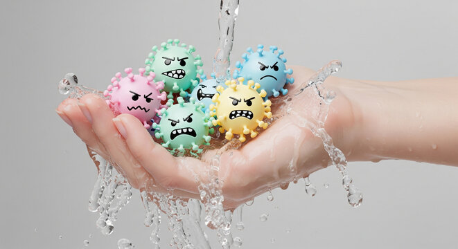 Close-up of a hand washing machine with colorful bacteria and virus characters about to be washed away by water on a grey plain background