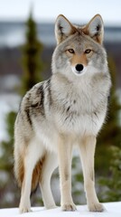 Naklejka premium Coyote stands alert in a snowy landscape during winter, showcasing its striking features and coat in a natural habitat