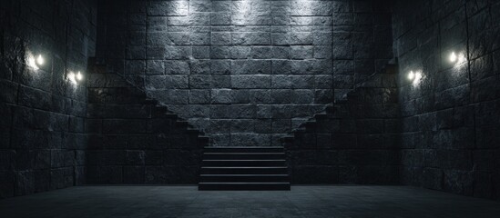 Dark, stone-walled room with stairs
