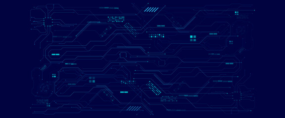 AI circuit board background with chip, wires, and circuit components. Technology lines circuit and dots on blue background, 