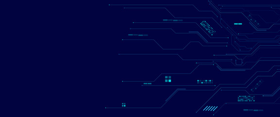 Glowing light blue neon AI chip with thin circuit contact lines. Technology lines circuit and dots on blue background, circuit board network connection.